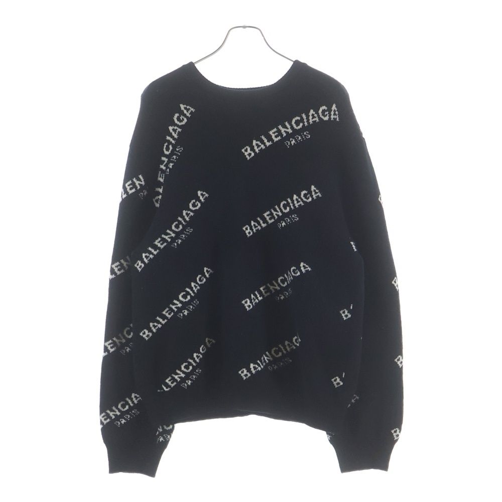 Balenciaga Overall Logo Jacquard Crew Neck Knit Sweater Black