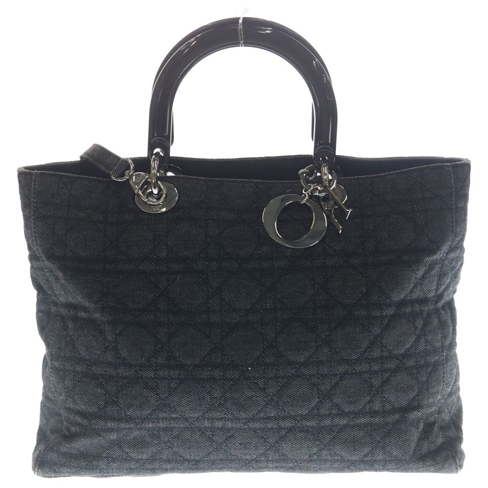 Dior Cannage Denim Tote Shoulder Bag Black Silver