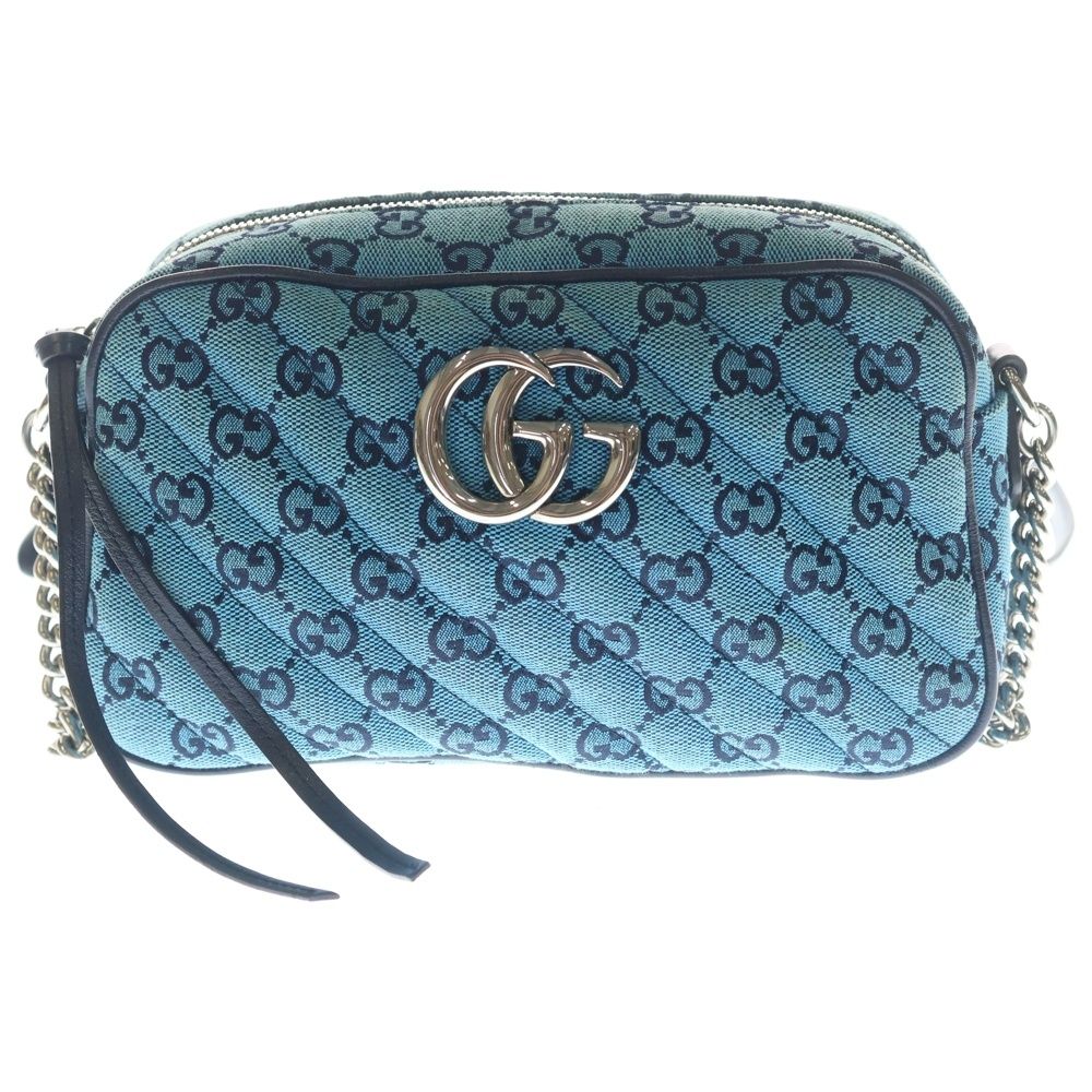 Gucci GG Marmont Quilted Chain Shoulder Bag Light Blue Canvas Leather Silver