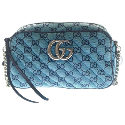Gucci GG Marmont Quilted Chain Shoulder Bag Light Blue Canvas Leather Silver