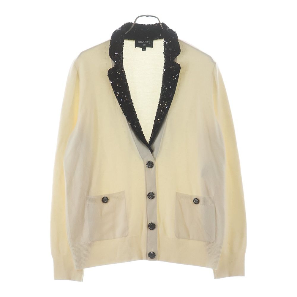Chanel Cashmere Wool Sequin Cardigan Jacket Collar Long Sleeve Knit Ivory