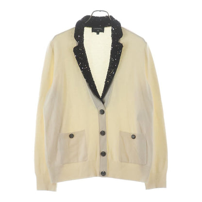 Chanel Cashmere Wool Sequin Cardigan Jacket Collar Long Sleeve Knit Ivory
