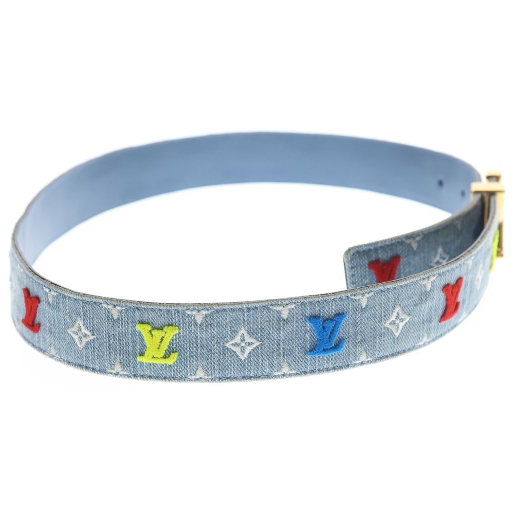 Louis Vuitton LV New Wave Monogram Embroidery Denim Leather Belt Gold Indigo — view 3