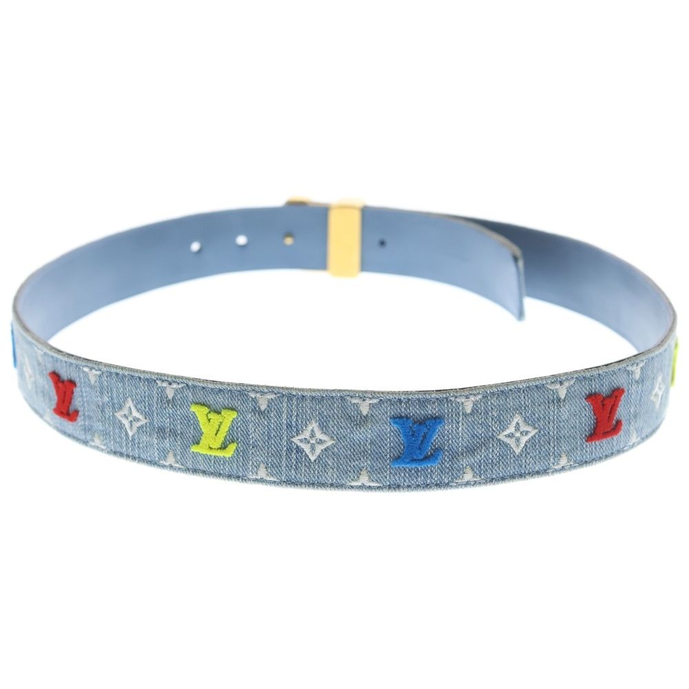 Louis Vuitton LV New Wave Monogram Embroidery Denim Leather Belt Gold Indigo — view 2