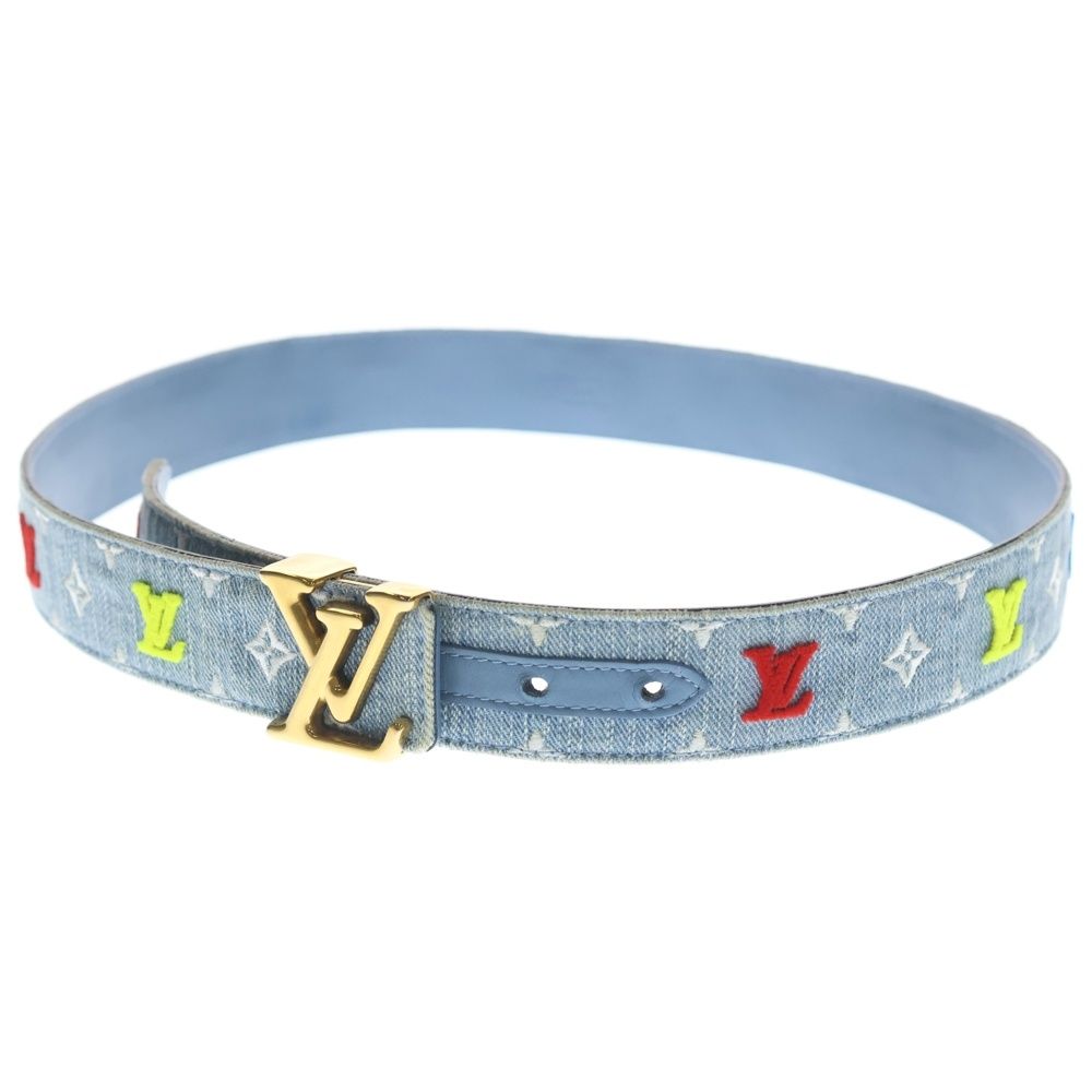 Louis Vuitton LV New Wave Monogram Embroidery Denim Leather Belt Gold Indigo