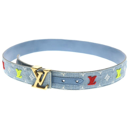 Louis Vuitton LV New Wave Monogram Embroidery Denim Leather Belt Gold Indigo