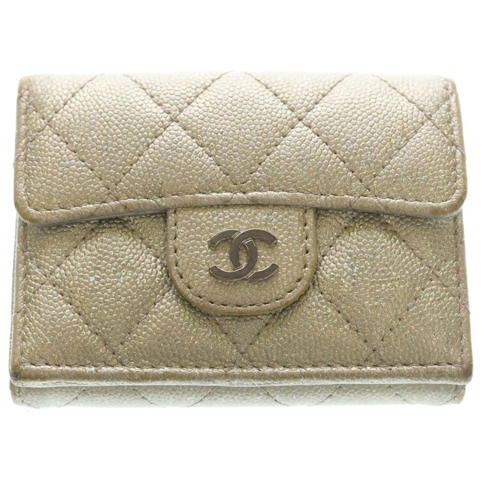Chanel Quilted Caviar Leather CC Logo Wallet Trifold Silver