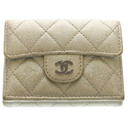 Chanel Quilted Caviar Leather CC Logo Wallet Trifold Silver