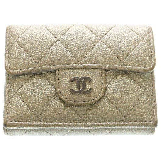 Chanel Quilted Caviar Leather CC Logo Wallet Trifold Silver