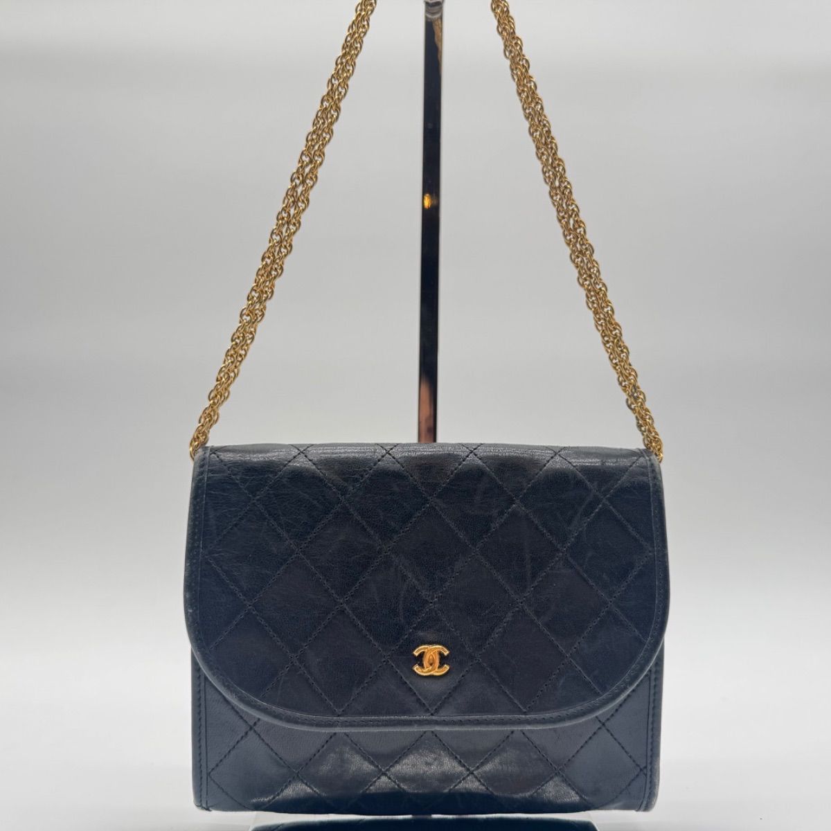 Chanel Shoulder Bag Mini Quilted CC Logo Gold Leather Black Push Lock Chain