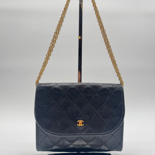 Chanel Shoulder Bag Mini Quilted CC Logo Gold Leather Black Push Lock Chain