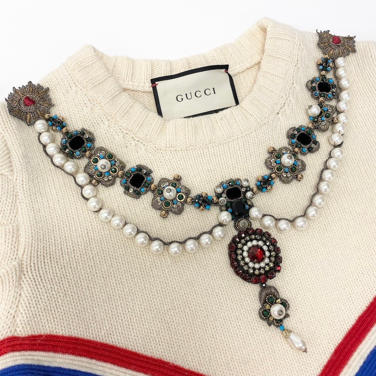 Gucci Decorative Knit Sweater Pearl Bijou Embroidery Top M Multicolor Wool — view 7