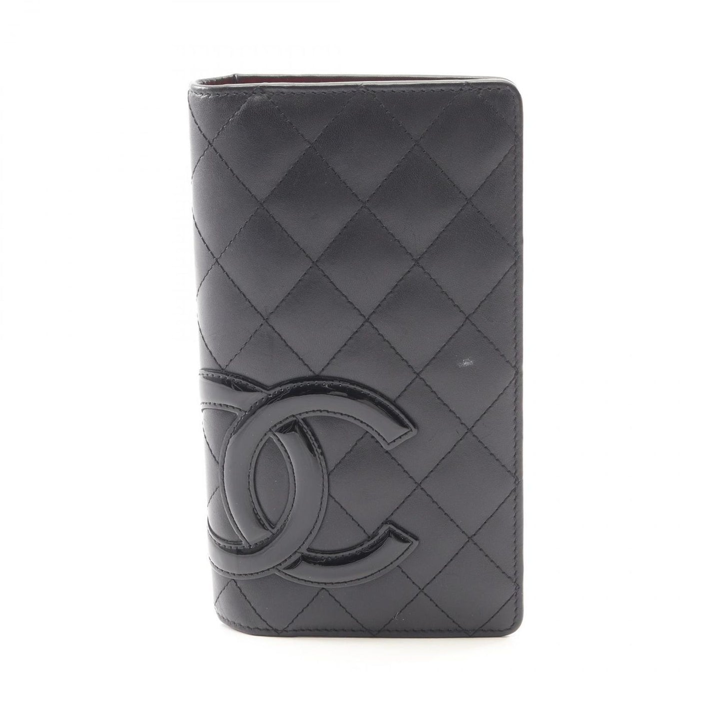 Chanel Bifold Wallet Cambon Line Black Enamel Leather Patent Ziplong