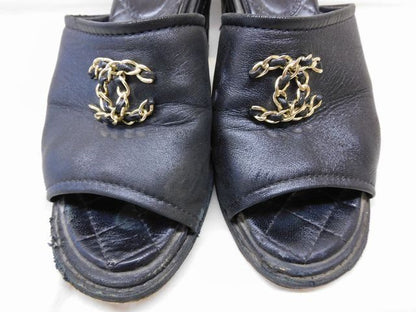 Chanel 36c CC Logo Sandals Black Leather Shoes Mani — view 2