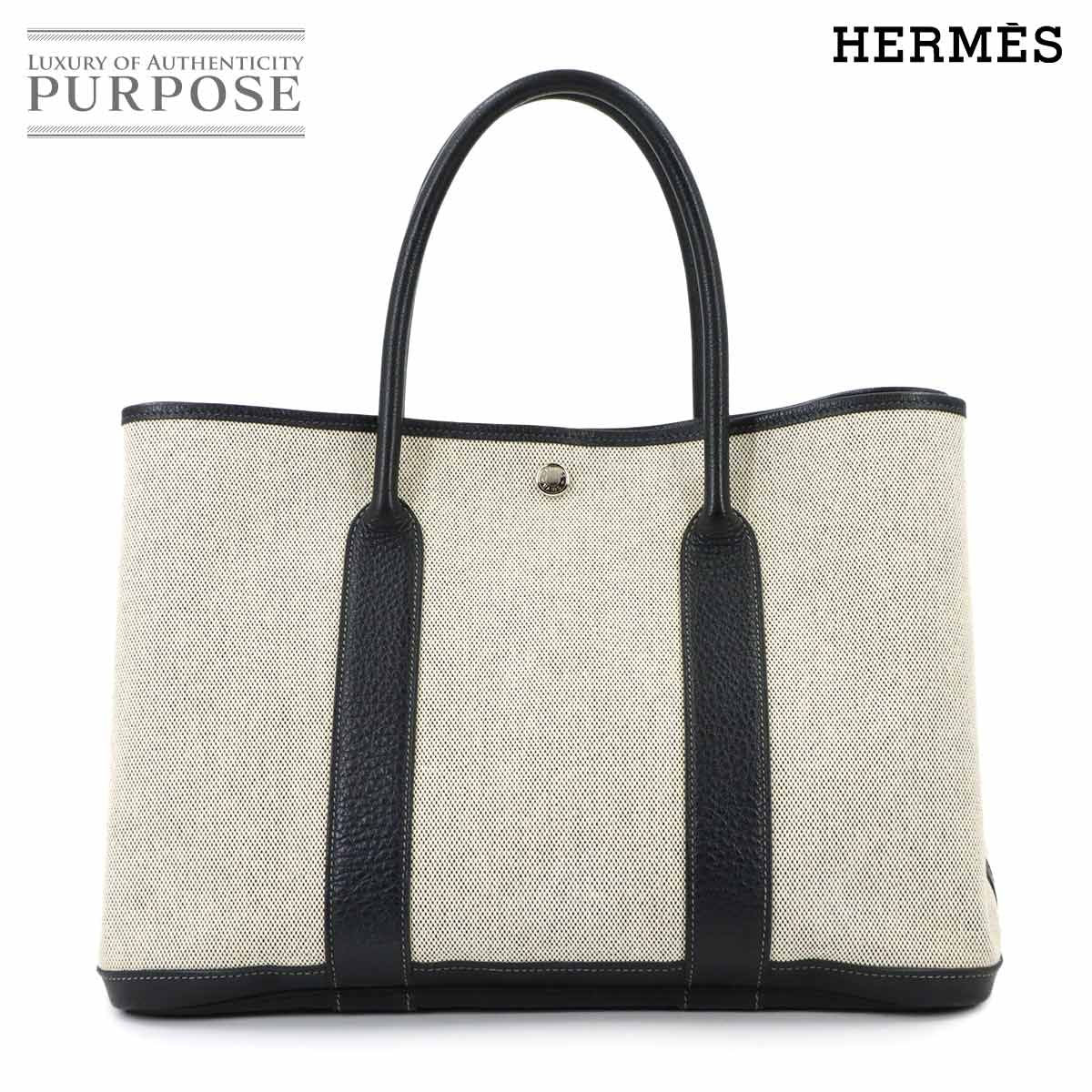 Hermes Garden Party 36 PM Tote Toile Ash Leather Black Gray PM