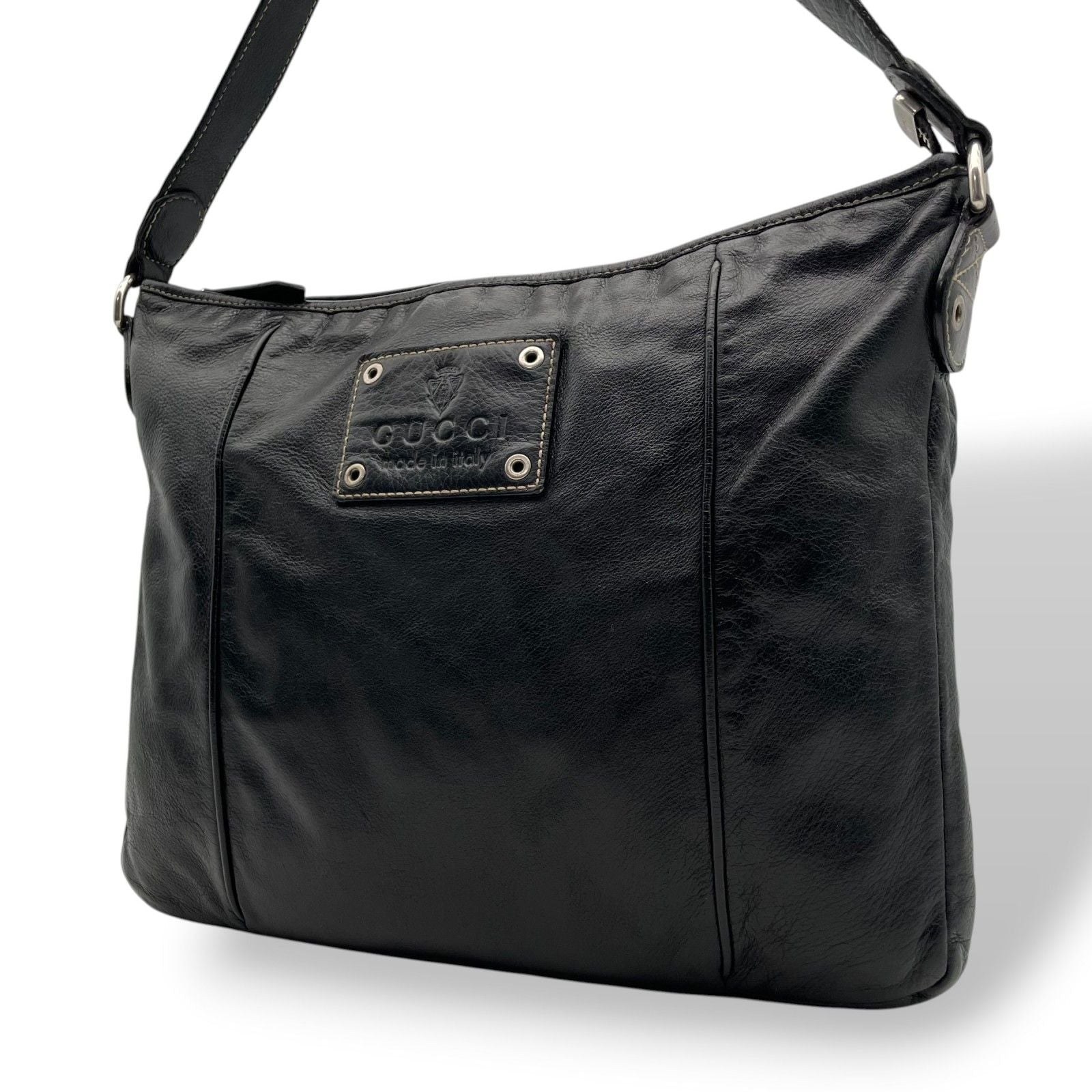 Gucci Interlocking Leather Shoulder Bag Black Silver Crossbody