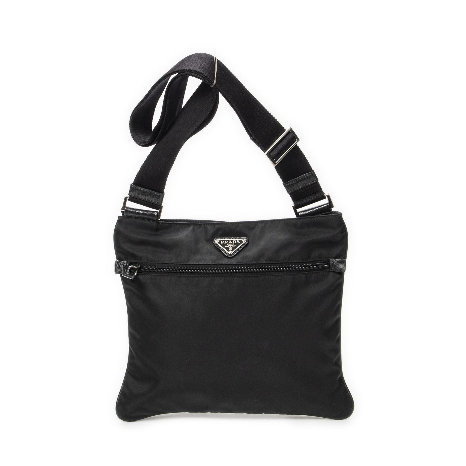 Prada Flat Messenger Crossbody Bag Black Nylon Canvas