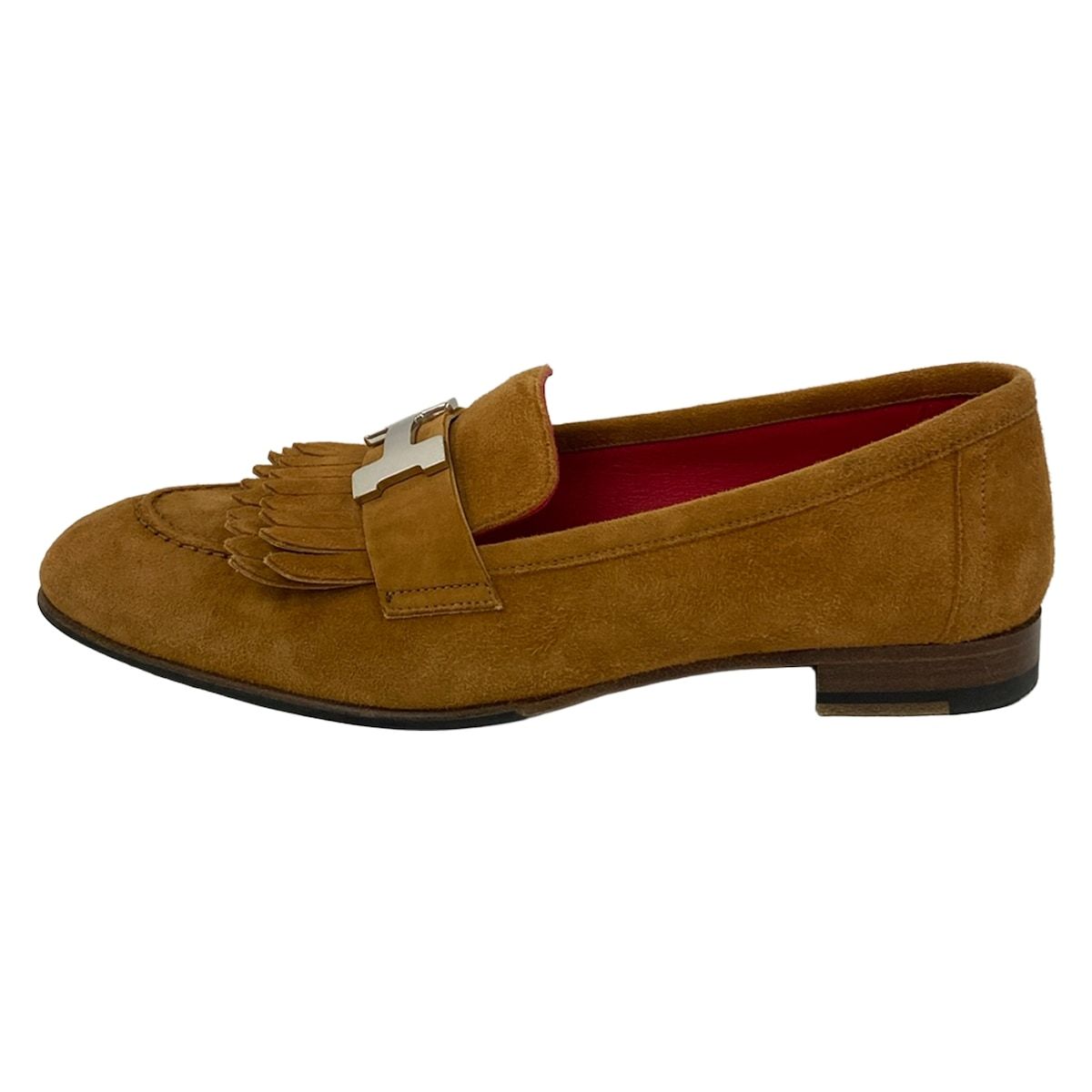 Hermes Loafers 35.5 Moccasins Royale Light Brown Silver Fringe Outsole Upholster