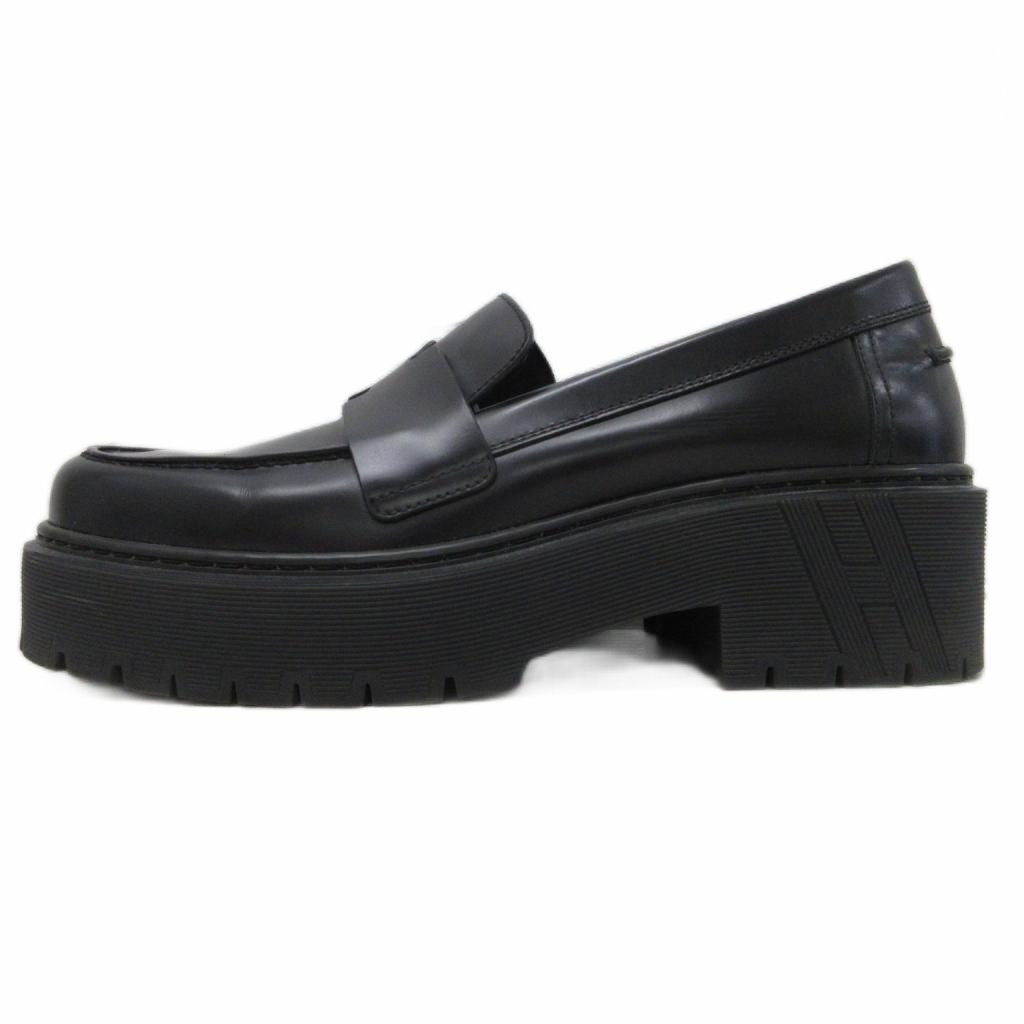 Hermes Hitch Logo Loafers Platform Moccasins Slip on Leather 37 Black — view 2