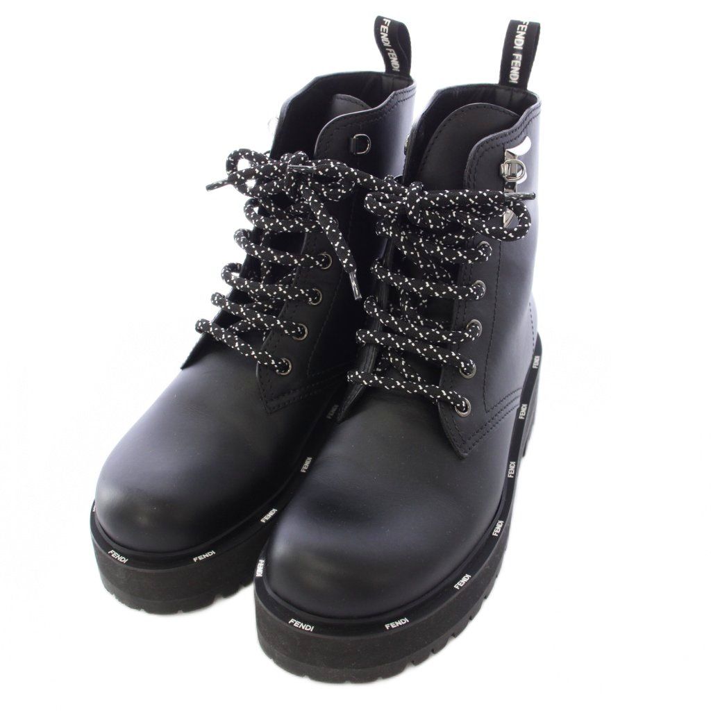 Fendi Roma Short Boots Leather Lace Up 37 Black TK