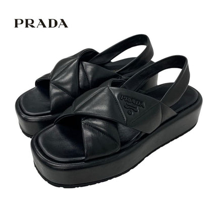 Prada Sandals Shoes Leather Black Logo Padded Nappa