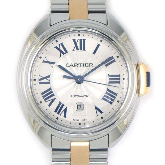 Cartier Watch Cles Guilloche Silver Dial Roman Index Date 18k Pink Gold SS