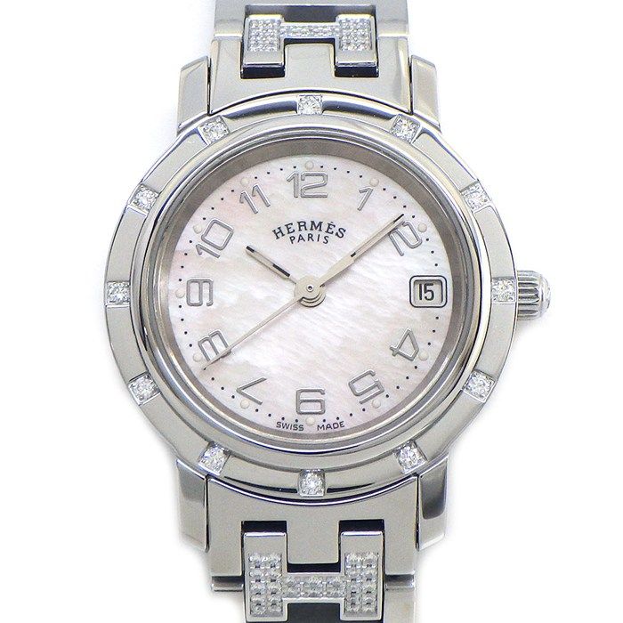 Hermes Watch Clipper Cles Diamond Bezel White Shell Dial Date SS Quartz Analog