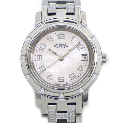 Hermes Watch Clipper Cles Diamond Bezel White Shell Dial Date SS Quartz Analog