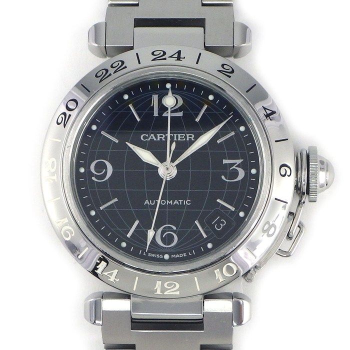 Cartier Watch Pasha C Black Dial Date Luminous Hands Index GMT SS Automatic