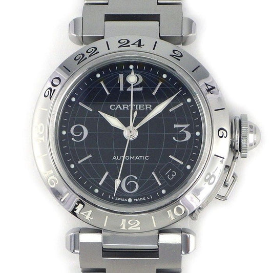 Cartier Watch Pasha C Black Dial Date Luminous Hands Index GMT SS Automatic