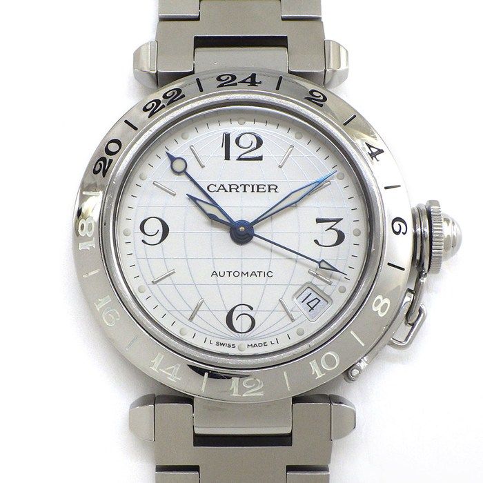 Cartier Watch Pasha C Meridian GMT Date Luminous Index Hands Grid Silver Dial