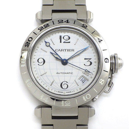 Cartier Watch Pasha C Meridian GMT Date Luminous Index Hands Grid Silver Dial