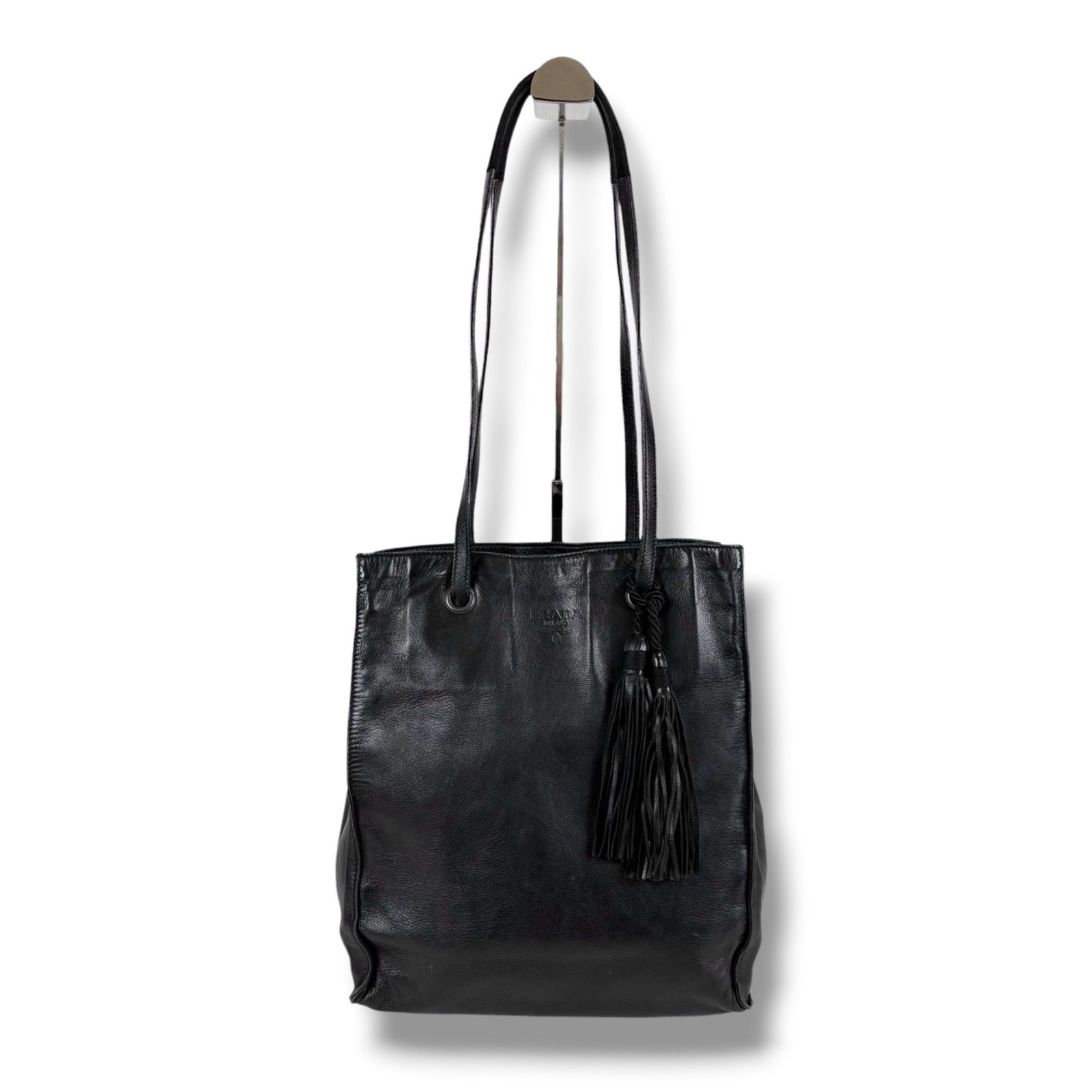 Prada Tote with Tassel Charm Shoulder Fringe Black Nappa Leather — view 2