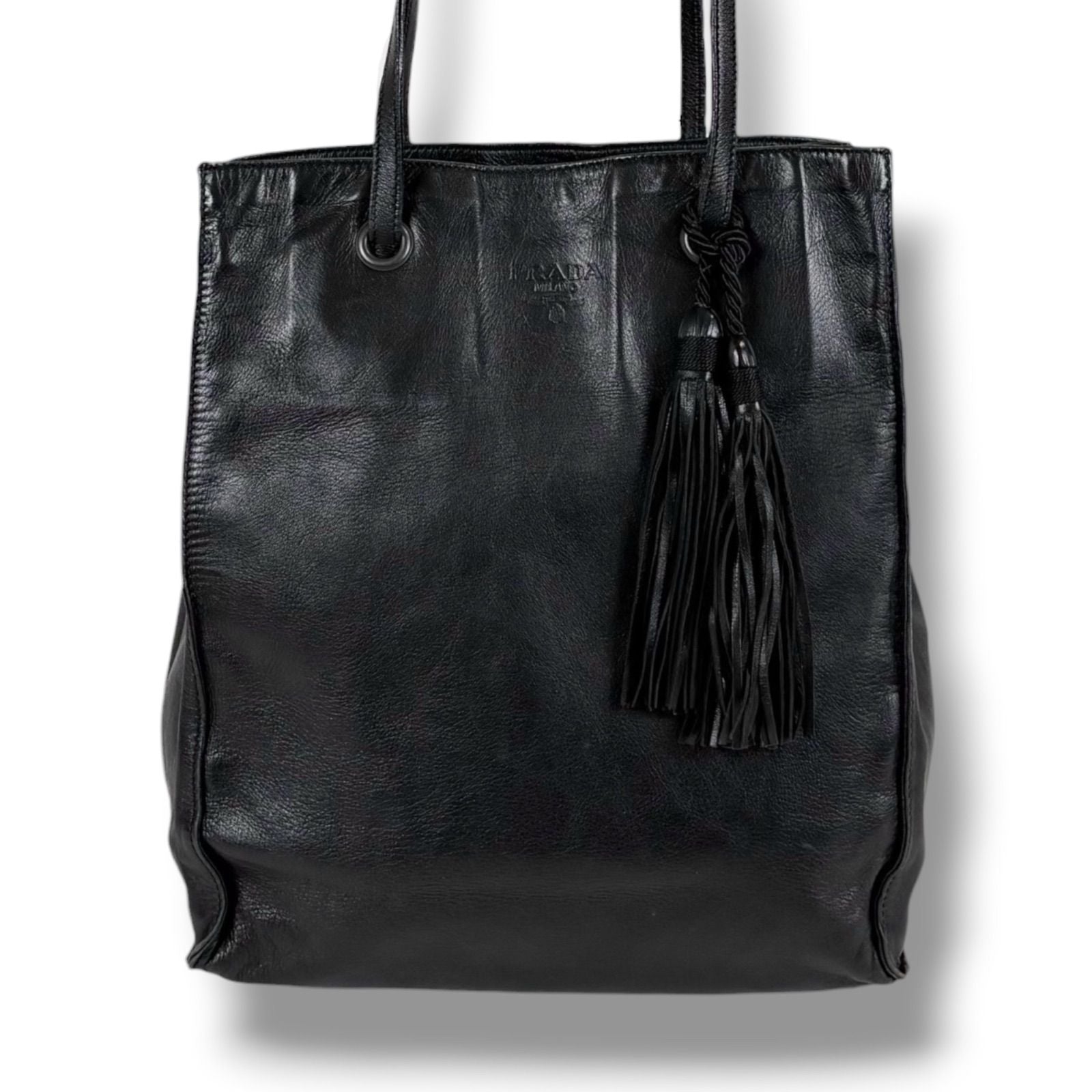 Prada Tote with Tassel Charm Shoulder Fringe Black Nappa Leather — view 4