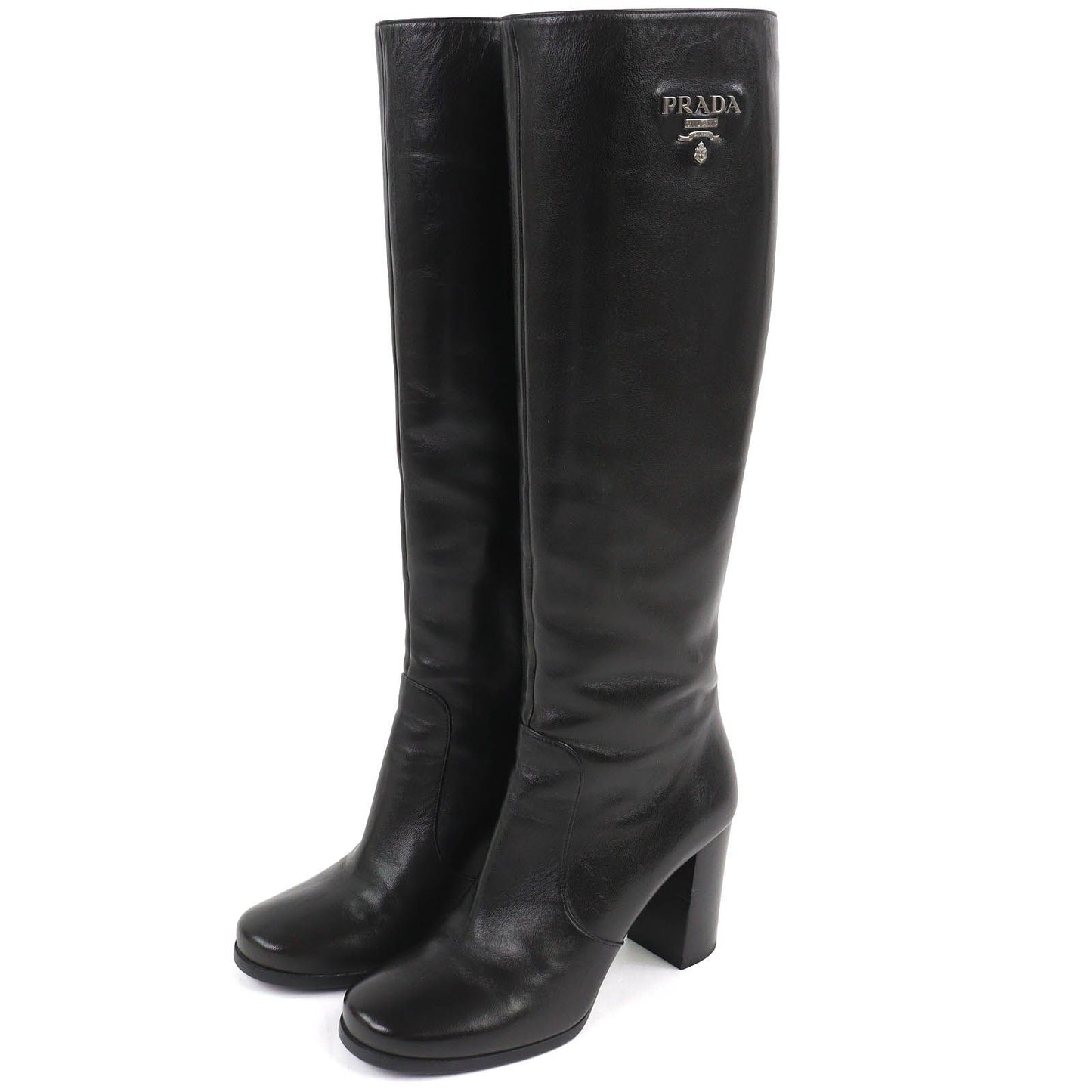 Prada Logo Side Zip Leather Long Boots Chunky Heels Black