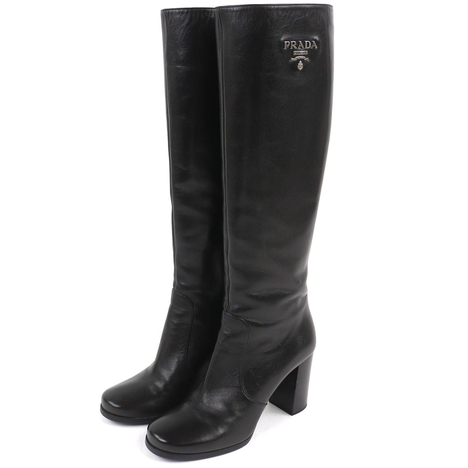 Prada Logo Side Zip Leather Long Boots Chunky Heels Black