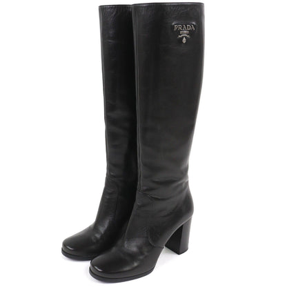 Prada Logo Side Zip Leather Long Boots Chunky Heels Black
