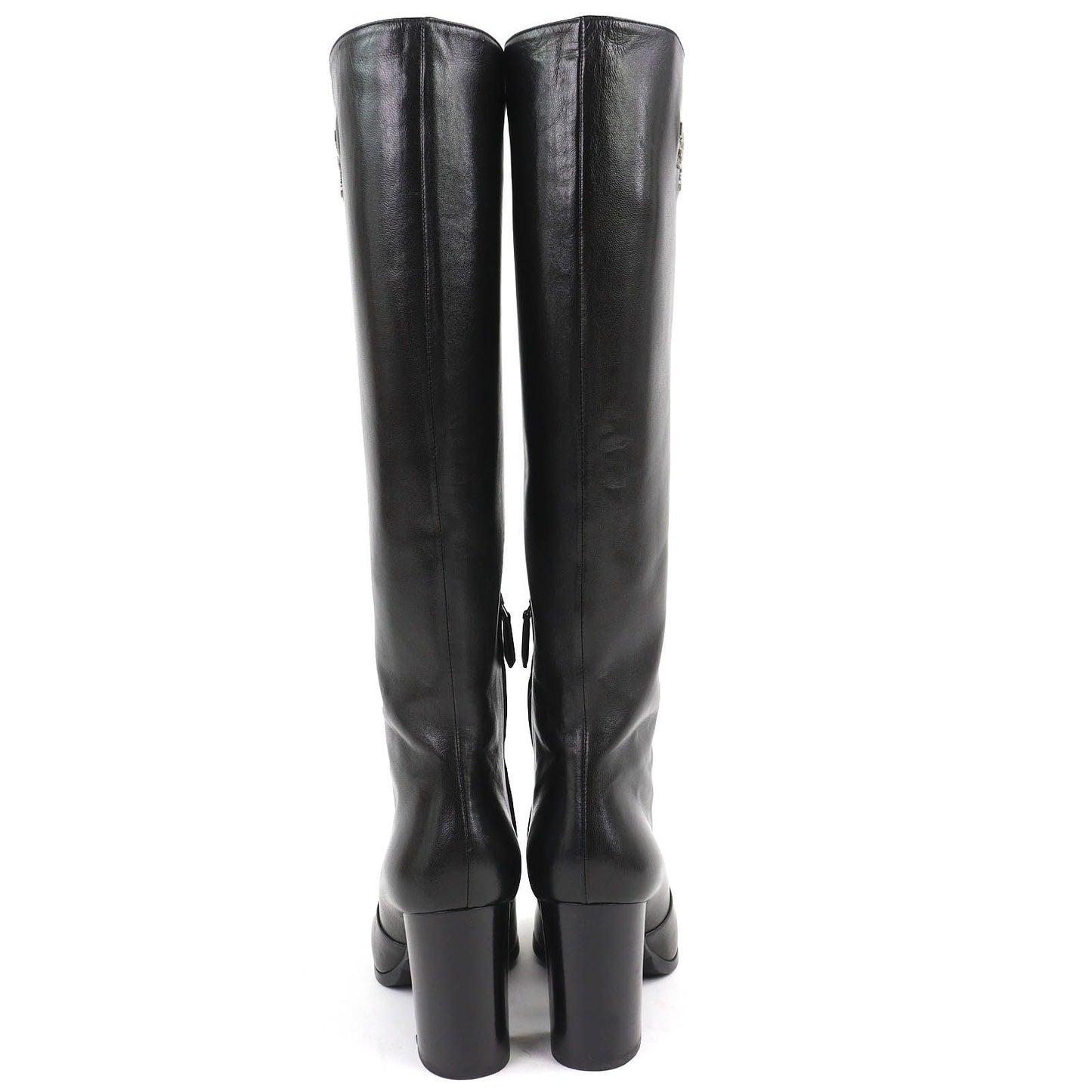 Prada Logo Side Zip Leather Long Boots Chunky Heels Black — view 5
