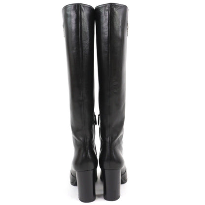 Prada Logo Side Zip Leather Long Boots Chunky Heels Black — view 5