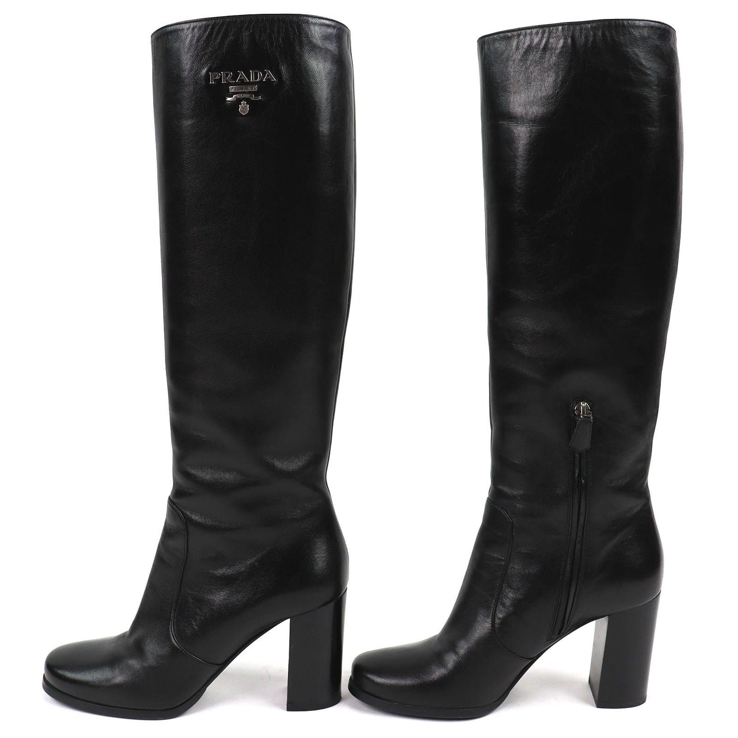 Prada Logo Side Zip Leather Long Boots Chunky Heels Black — view 3