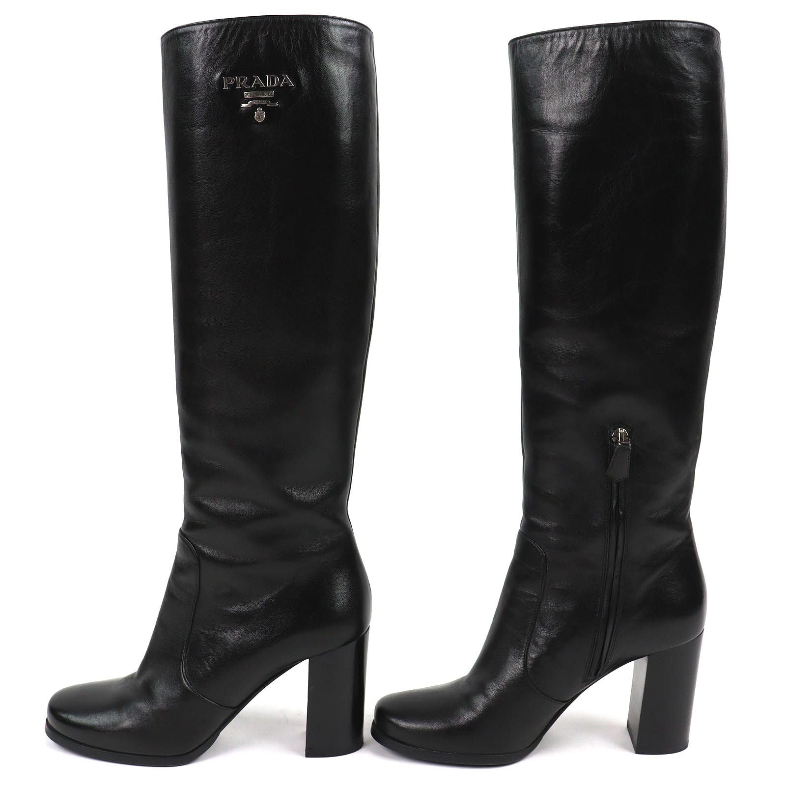 Prada Logo Side Zip Leather Long Boots Chunky Heels Black — view 3
