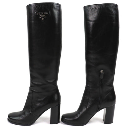 Prada Logo Side Zip Leather Long Boots Chunky Heels Black — view 3