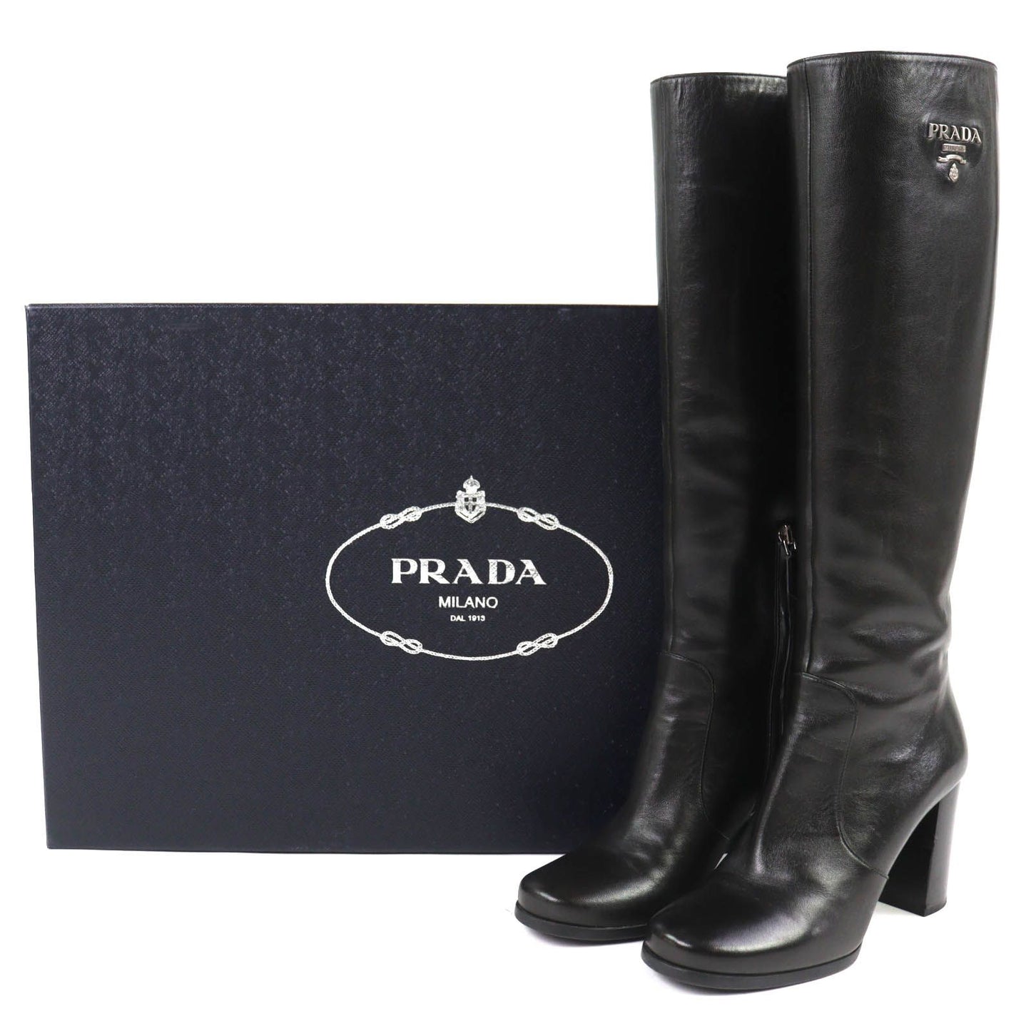 Prada Logo Side Zip Leather Long Boots Chunky Heels Black — view 2