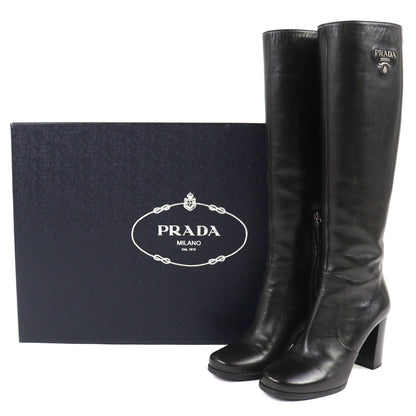 Prada Logo Side Zip Leather Long Boots Chunky Heels Black — view 2