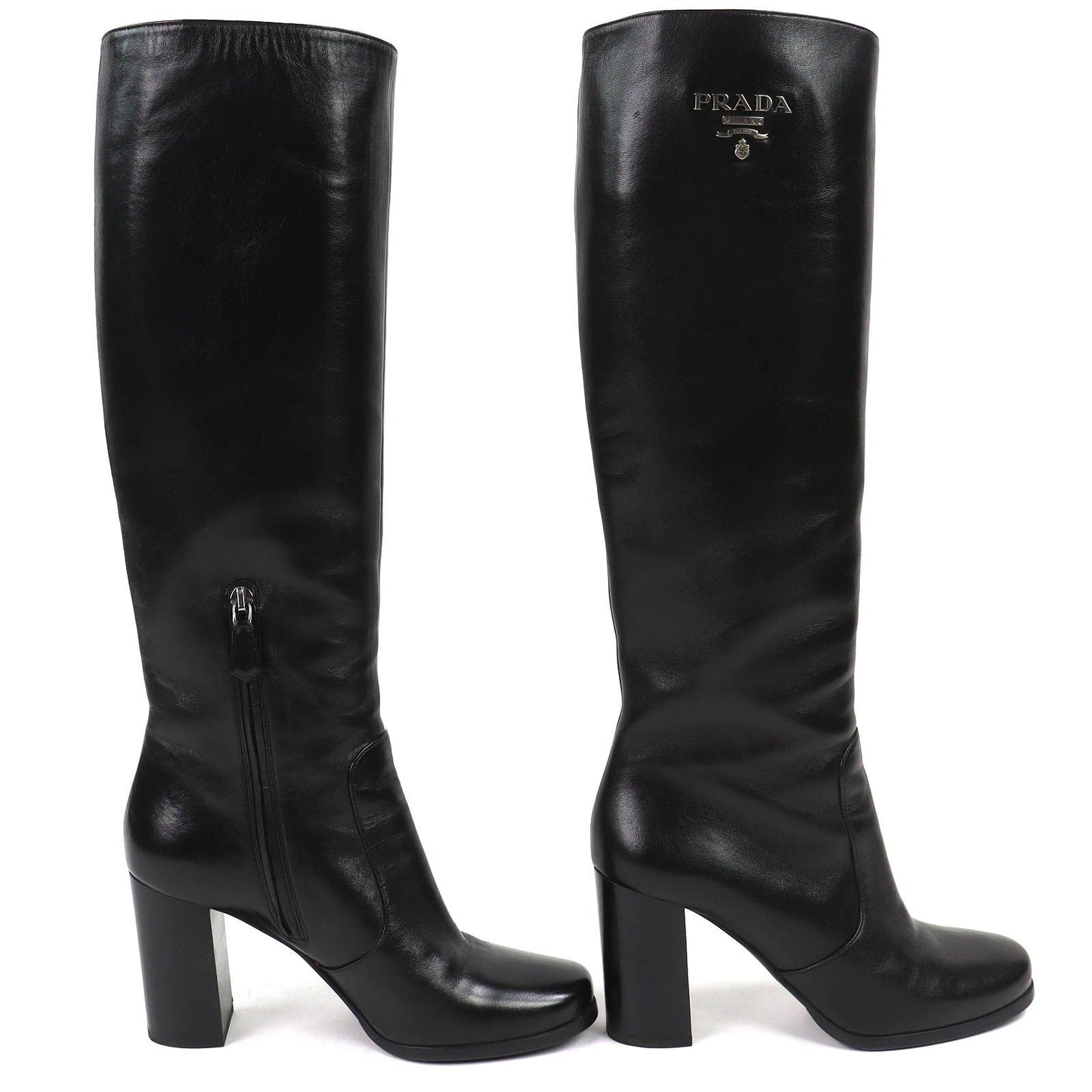 Prada Logo Side Zip Leather Long Boots Chunky Heels Black — view 4
