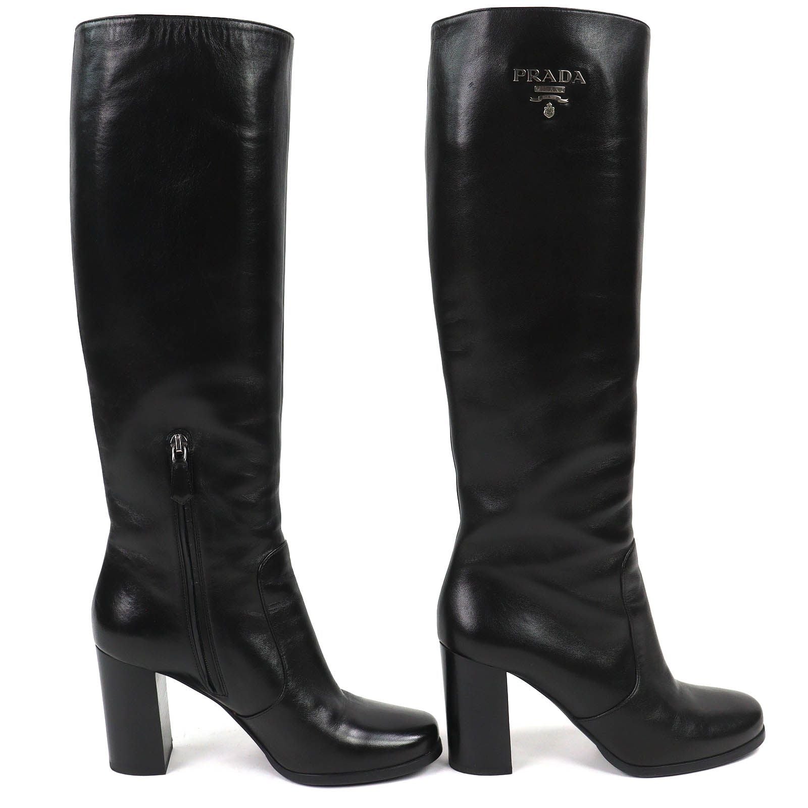 Prada Logo Side Zip Leather Long Boots Chunky Heels Black — view 4