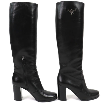 Prada Logo Side Zip Leather Long Boots Chunky Heels Black — view 4