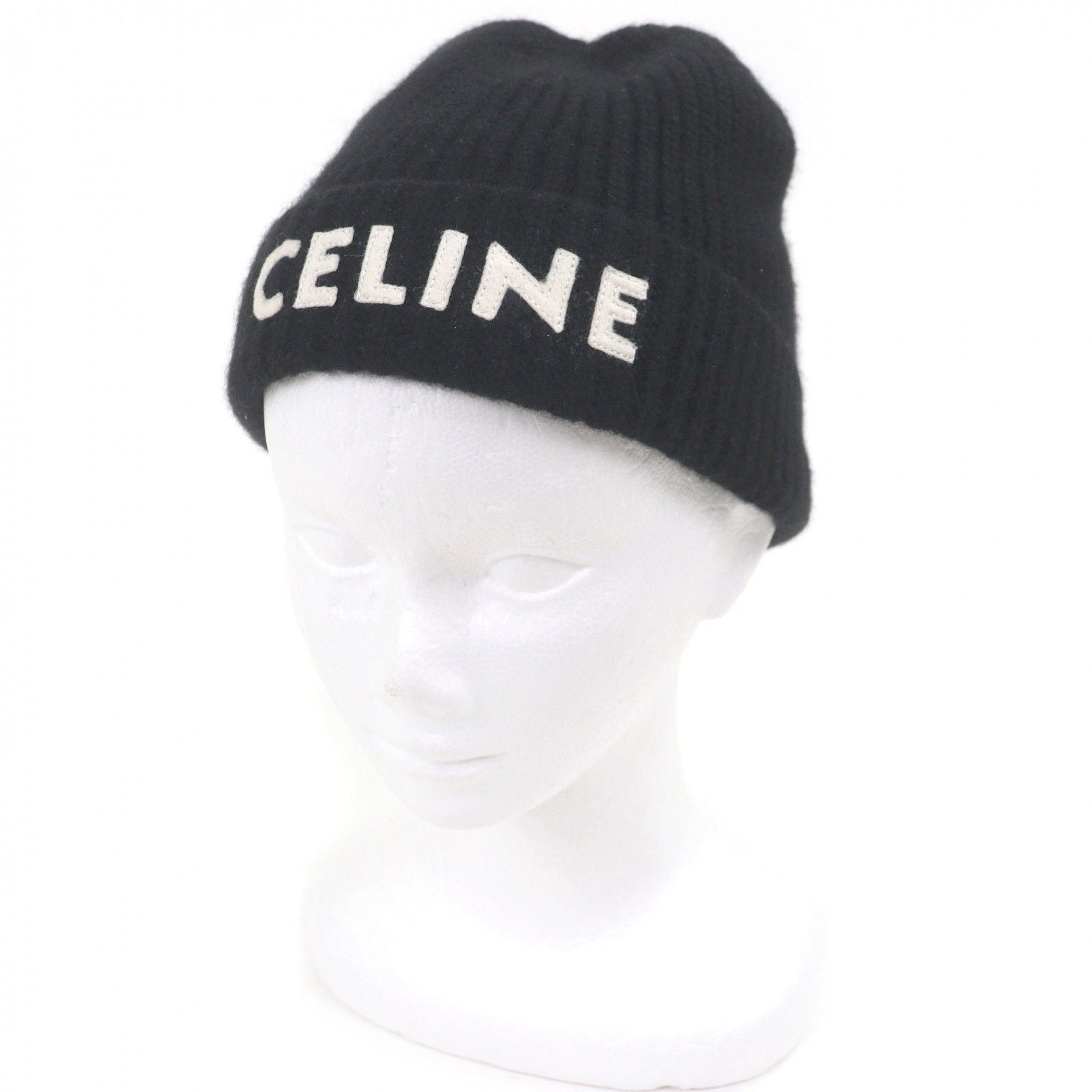 Celine Cashmere Logo Knit Cap Beanie Black White Hat
