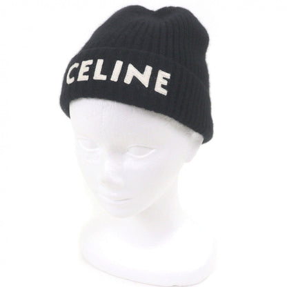 Celine Cashmere Logo Knit Cap Beanie Black White Hat