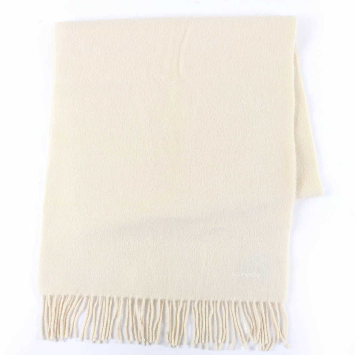 Hermes Recto Verso Cashmere Logo Embroidery with Fringe Scarf Ivory